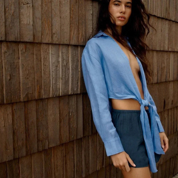 Zara Linen  Shirt With Knot Blue NWT Size XS - Picture 2 of 5